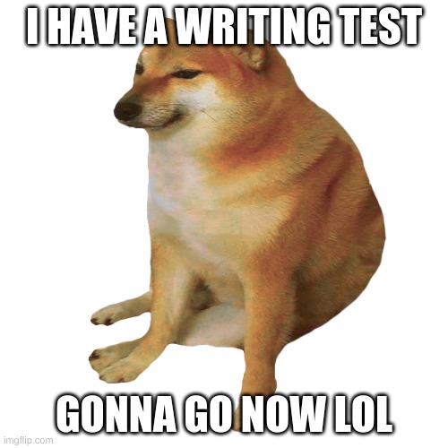 writing more like typing amirite | I HAVE A WRITING TEST; GONNA GO NOW LOL | image tagged in cheems | made w/ Imgflip meme maker