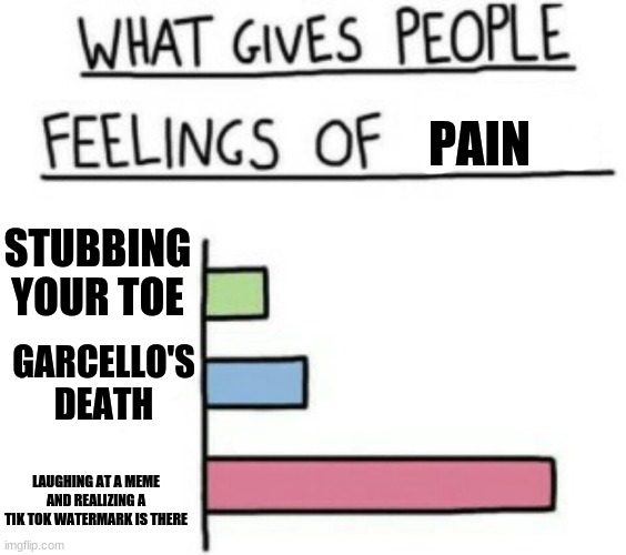 painful | PAIN; STUBBING YOUR TOE; GARCELLO'S DEATH; LAUGHING AT A MEME AND REALIZING A TIK TOK WATERMARK IS THERE | image tagged in what gives people feelings of power | made w/ Imgflip meme maker