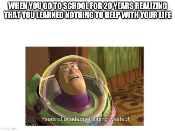 lol | WHEN YOU GO TO SCHOOL FOR 20 YEARS REALIZING THAT YOU LEARNED NOTHING TO HELP WITH YOUR LIFE | image tagged in memes,funny,funny memes,memes about memes | made w/ Imgflip meme maker