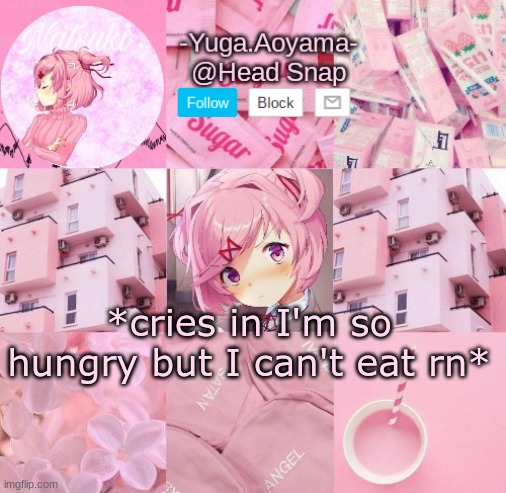 Natsuki temp | *cries in I'm so hungry but I can't eat rn* | image tagged in natsuki temp | made w/ Imgflip meme maker