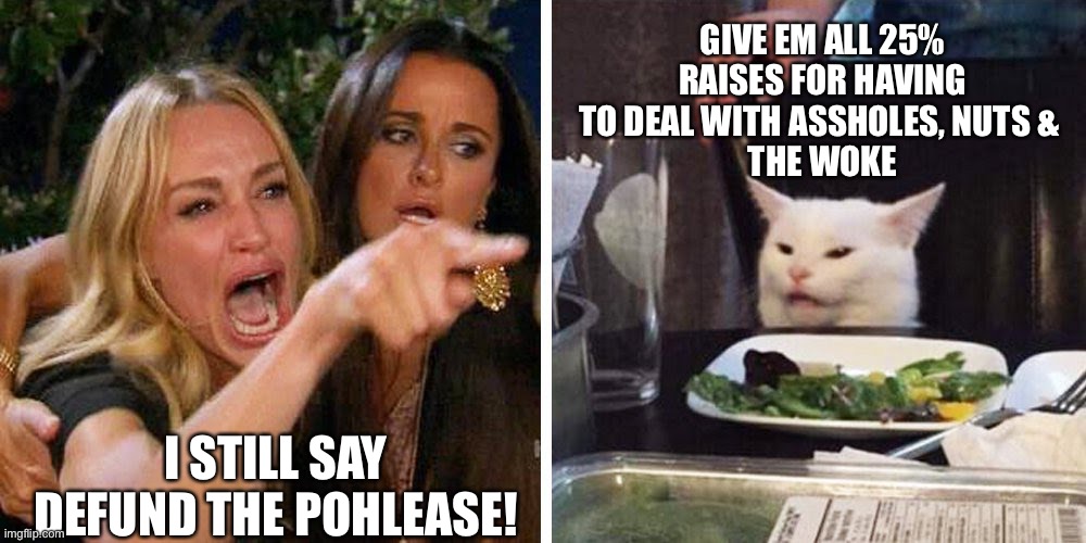 Defund the Police! | GIVE EM ALL 25% RAISES FOR HAVING TO DEAL WITH ASSHOLES, NUTS & 
THE WOKE; I STILL SAY DEFUND THE POHLEASE! | image tagged in smudge the cat,defund the police,woke,nuts,assholes | made w/ Imgflip meme maker