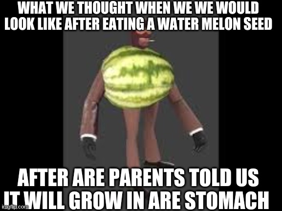 MMMMMMMMMMMMMMMM | WHAT WE THOUGHT WHEN WE WE WOULD LOOK LIKE AFTER EATING A WATER MELON SEED; AFTER ARE PARENTS TOLD US IT WILL GROW IN ARE STOMACH | image tagged in tf2,oh wow are you actually reading these tags,melons | made w/ Imgflip meme maker