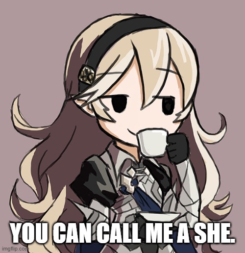 Corrin Being Smug While Drinking Tea | YOU CAN CALL ME A SHE. | image tagged in corrin being smug while drinking tea | made w/ Imgflip meme maker
