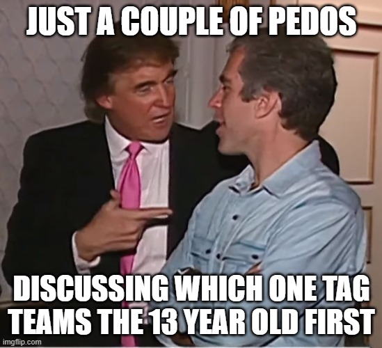 trump epstein party | JUST A COUPLE OF PEDOS DISCUSSING WHICH ONE TAG TEAMS THE 13 YEAR OLD FIRST | image tagged in trump epstein party | made w/ Imgflip meme maker