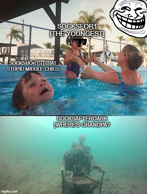 Mother Ignoring Kid Drowning In A Pool | SOCKSFOR1 [THE YOUNGEST]; SOCKSHORTS [THAT STUPID MIDDLE CHILD; SOCKSAFTERDARK [WHERE'S GRANDPA? | image tagged in mother ignoring kid drowning in a pool | made w/ Imgflip meme maker