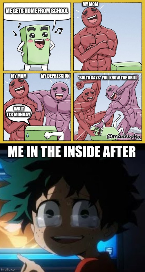 what happens after school on Mondays | MY MOM; ME GETS HOME FROM SCHOOL; MY DEPRESSION; MY MOM; *BOLTH SAYS* YOU KNOW THE DRILL; WAIT ITS MONDAY; ME IN THE INSIDE AFTER | image tagged in guy getting beat up,anime,deku,memes,funny memes,mondays | made w/ Imgflip meme maker