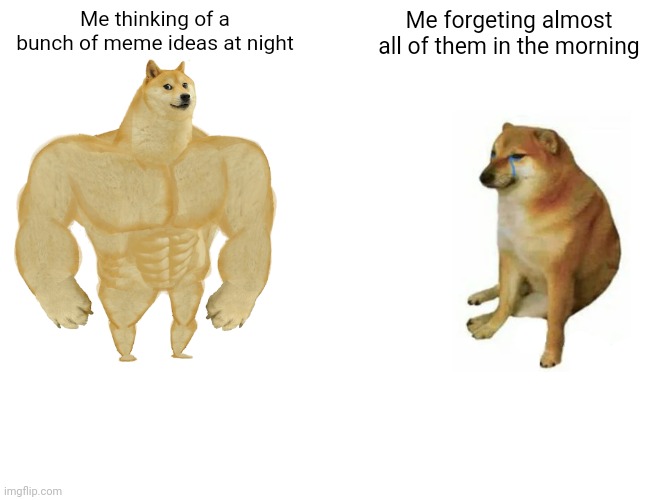 Why, why, whyyyy | Me thinking of a bunch of meme ideas at night; Me forgeting almost all of them in the morning | image tagged in memes,buff doge vs cheems,meme ideas,ideas,night,day | made w/ Imgflip meme maker