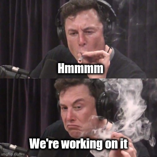 Elon Musk Weed | Hmmmm We're working on it | image tagged in elon musk weed | made w/ Imgflip meme maker