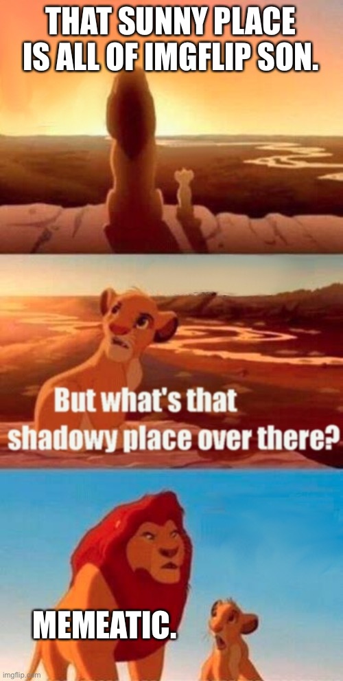 Simba Shadowy Place Meme | THAT SUNNY PLACE IS ALL OF IMGFLIP SON. MEMEATIC. | image tagged in memes,simba shadowy place | made w/ Imgflip meme maker