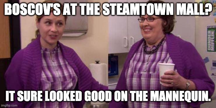 BOSCOV'S AT THE STEAMTOWN MALL? IT SURE LOOKED GOOD ON THE MANNEQUIN. | made w/ Imgflip meme maker