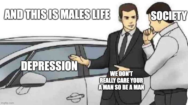 I don't care if I get canceled its the truth | SOCIETY; AND THIS IS MALES LIFE; DEPRESSION; WE DON'T REALLY CARE YOUR A MAN SO BE A MAN | image tagged in memes,car salesman slaps roof of car | made w/ Imgflip meme maker