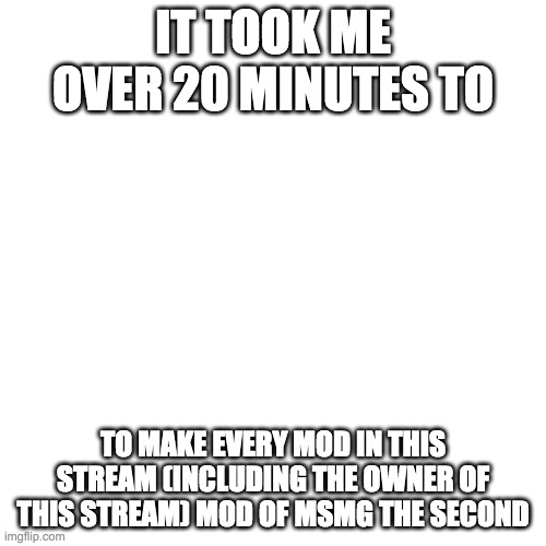 Blank Transparent Square | IT TOOK ME OVER 20 MINUTES TO; TO MAKE EVERY MOD IN THIS STREAM (INCLUDING THE OWNER OF THIS STREAM) MOD OF MSMG THE SECOND | image tagged in memes,blank transparent square | made w/ Imgflip meme maker