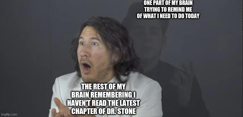 I Found This Picture And Felt Like It Should Be A Meme Template | ONE PART OF MY BRAIN TRYING TO REMIND ME OF WHAT I NEED TO DO TODAY; THE REST OF MY BRAIN REMEMBERING I HAVEN'T READ THE LATEST CHAPTER OF DR. STONE | image tagged in unus annus mark and ethan,unus annus,markiplier,crankgameplays | made w/ Imgflip meme maker