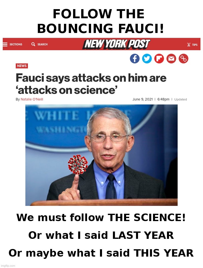Follow The Bouncing Fauci! | image tagged in fauci,covid,science,bouncing,flip flop,guy | made w/ Imgflip meme maker