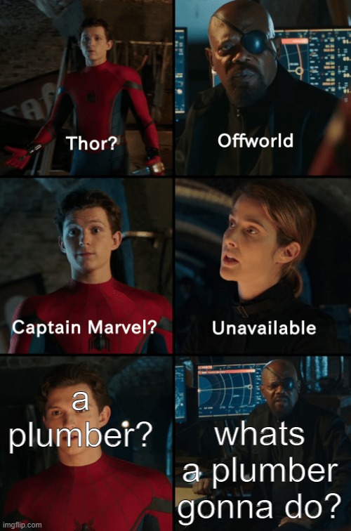 Thor off-world captain marvel unavailable | a plumber? whats a plumber gonna do? | image tagged in thor off-world captain marvel unavailable | made w/ Imgflip meme maker
