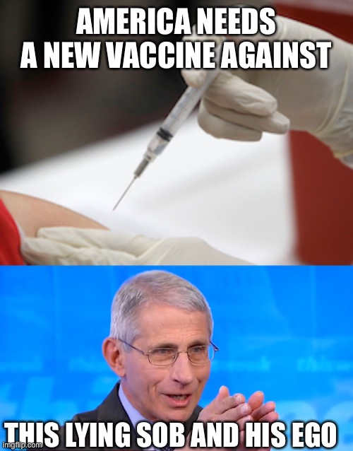 The world needs protection from him. | AMERICA NEEDS A NEW VACCINE AGAINST; THIS LYING SOB AND HIS EGO | image tagged in flu vaccine injection,dr fauci 2020 | made w/ Imgflip meme maker