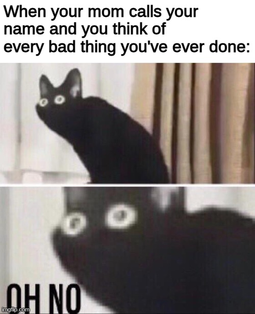 it's when i filled her boot with macaroni, that's gotta be it | When your mom calls your name and you think of every bad thing you've ever done: | image tagged in oh no cat,middle school | made w/ Imgflip meme maker