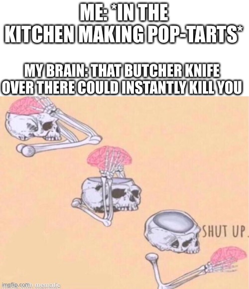 Skeleton shut up brain | ME: *IN THE KITCHEN MAKING POP-TARTS*; MY BRAIN: THAT BUTCHER KNIFE OVER THERE COULD INSTANTLY KILL YOU | image tagged in skeleton shut up brain | made w/ Imgflip meme maker