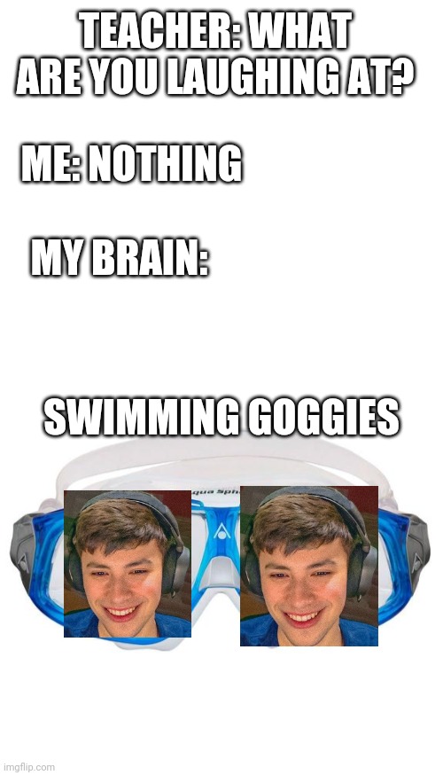 This meme is probably not getting any upvotes anyway. | TEACHER: WHAT ARE YOU LAUGHING AT? ME: NOTHING; MY BRAIN:; SWIMMING GOGGIES | image tagged in dream smp | made w/ Imgflip meme maker
