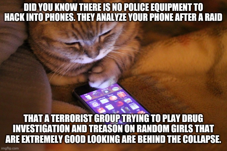 The truth about phones and police and hackers | DID YOU KNOW THERE IS NO POLICE EQUIPMENT TO HACK INTO PHONES. THEY ANALYZE YOUR PHONE AFTER A RAID; THAT A TERRORIST GROUP TRYING TO PLAY DRUG INVESTIGATION AND TREASON ON RANDOM GIRLS THAT ARE EXTREMELY GOOD LOOKING ARE BEHIND THE COLLAPSE. | image tagged in cat with mobile phone | made w/ Imgflip meme maker