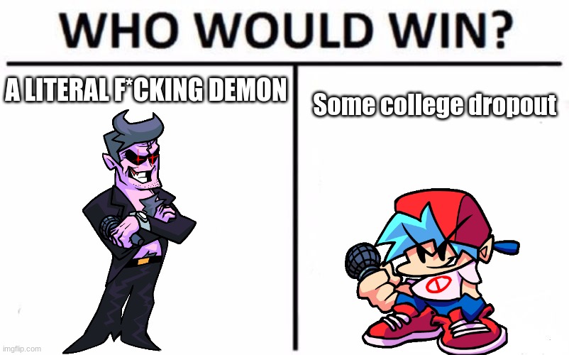 beep bop skop skeep bop beep bo skep bep | A LITERAL F*CKING DEMON; Some college dropout | image tagged in memes,who would win,fnf,bf,daddy dearest | made w/ Imgflip meme maker