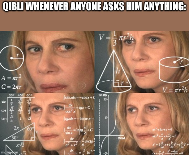Calculating meme | QIBLI WHENEVER ANYONE ASKS HIM ANYTHING: | image tagged in calculating meme,wings of fire,wof | made w/ Imgflip meme maker