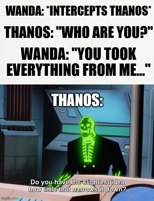 How it should have been | WANDA: *INTERCEPTS THANOS*; THANOS: "WHO ARE YOU?"; WANDA: "YOU TOOK EVERYTHING FROM ME..."; THANOS: | image tagged in do you have the slightest idea how little that narrows it down,thanos,wanda | made w/ Imgflip meme maker