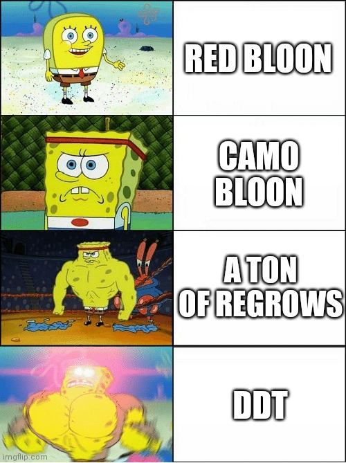 Sponge Finna Commit Muder | RED BLOON; CAMO BLOON; A TON OF REGROWS; DDT | image tagged in sponge finna commit muder | made w/ Imgflip meme maker
