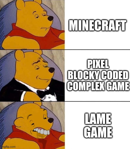 true | MINECRAFT; PIXEL BLOCKY CODED COMPLEX GAME; LAME GAME | image tagged in best better blurst | made w/ Imgflip meme maker