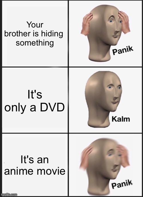 *grabs anime dvd and reaches for sledgehammer* | Your brother is hiding 
something; It's only a DVD; It's an anime movie | image tagged in memes,panik kalm panik | made w/ Imgflip meme maker