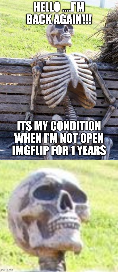 I'm back !!!!!!!! | HELLO ....I'M BACK AGAIN!!! ITS MY CONDITION WHEN I'M NOT OPEN IMGFLIP FOR 1 YEARS | image tagged in memes,waiting skeleton | made w/ Imgflip meme maker