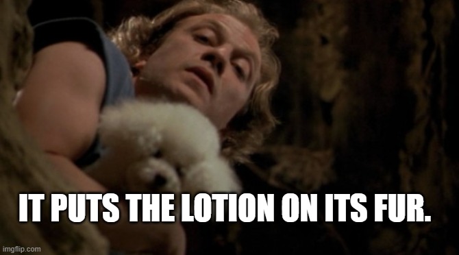 Silence of the lambs lotion | IT PUTS THE LOTION ON ITS FUR. | image tagged in silence of the lambs lotion | made w/ Imgflip meme maker