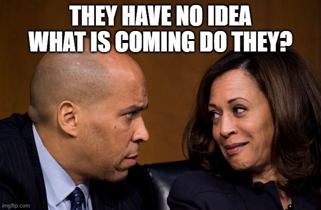 Corey Booker and Kamala Harris | THEY HAVE NO IDEA WHAT IS COMING DO THEY? | image tagged in corey booker and kamala harris | made w/ Imgflip meme maker