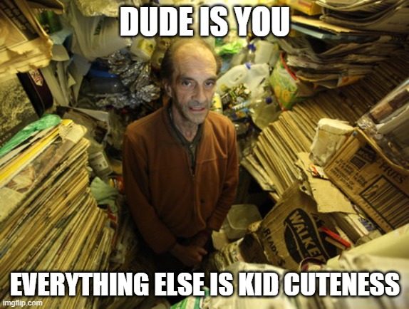 hoarder | DUDE IS YOU; EVERYTHING ELSE IS KID CUTENESS | image tagged in hoarder | made w/ Imgflip meme maker