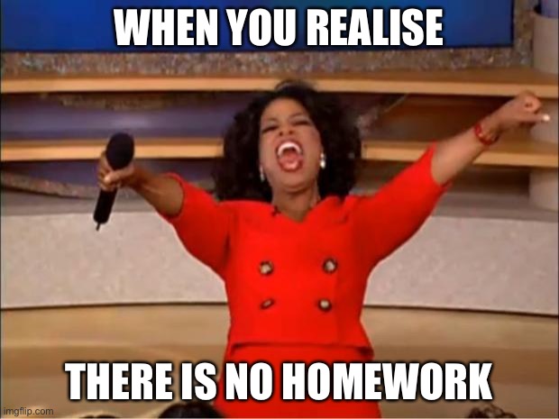 No homework | WHEN YOU REALISE; THERE IS NO HOMEWORK | image tagged in memes,oprah you get a | made w/ Imgflip meme maker