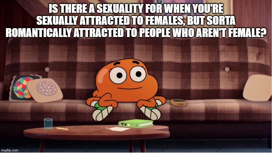 Help... | IS THERE A SEXUALITY FOR WHEN YOU'RE SEXUALLY ATTRACTED TO FEMALES, BUT SORTA ROMANTICALLY ATTRACTED TO PEOPLE WHO AREN'T FEMALE? | image tagged in darwin during chaotic moments | made w/ Imgflip meme maker