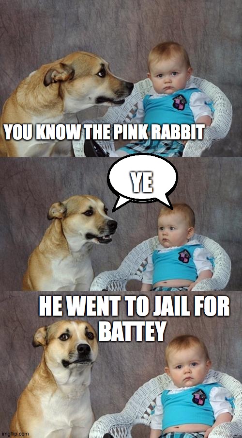 battery isIn criminal law, this is a physical act that results in harmful or offensive contact with another person without that  | YOU KNOW THE PINK RABBIT; YE; HE WENT TO JAIL FOR
BATTEY | image tagged in memes,dad joke dog | made w/ Imgflip meme maker