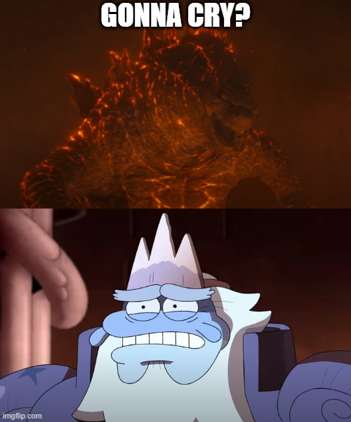 Burning Godzilla meets "King" Andrias | GONNA CRY? | image tagged in godzilla,amphibia,disney channel,legendary,scared,angry godzilla | made w/ Imgflip meme maker
