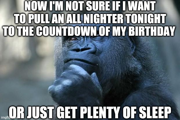 Deep Thoughts | NOW I'M NOT SURE IF I WANT TO PULL AN ALL NIGHTER TONIGHT TO THE COUNTDOWN OF MY BIRTHDAY; OR JUST GET PLENTY OF SLEEP | image tagged in deep thoughts | made w/ Imgflip meme maker