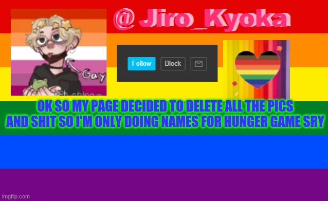 OK SO MY PAGE DECIDED TO DELETE ALL THE PICS AND SHIT SO I'M ONLY DOING NAMES FOR HUNGER GAME SRY | image tagged in jiro thats kinda gay template | made w/ Imgflip meme maker