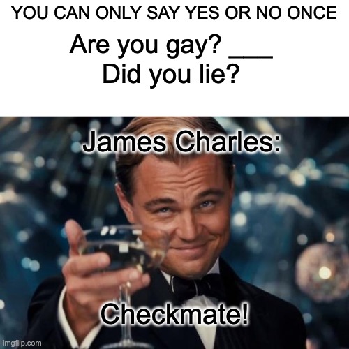 It's pride month |  YOU CAN ONLY SAY YES OR NO ONCE; Are you gay? ___; Did you lie? James Charles:; Checkmate! | image tagged in memes,leonardo dicaprio cheers,funny | made w/ Imgflip meme maker