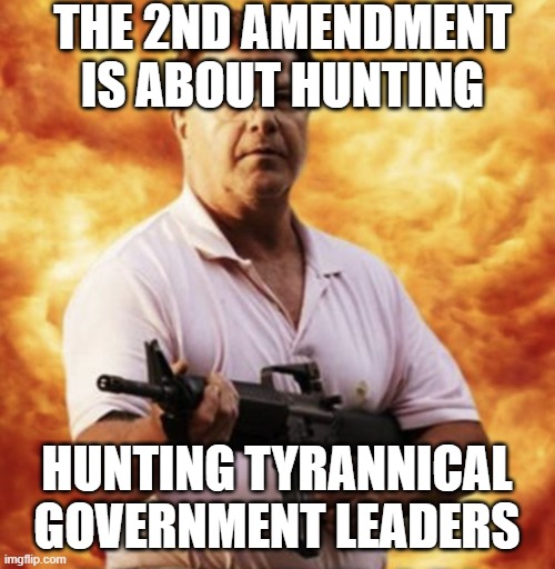 2nd amendment | THE 2ND AMENDMENT IS ABOUT HUNTING; HUNTING TYRANNICAL GOVERNMENT LEADERS | image tagged in get duh meat choppah | made w/ Imgflip meme maker