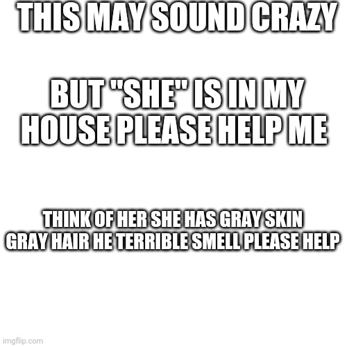Blank Transparent Square Meme | THIS MAY SOUND CRAZY; BUT "SHE" IS IN MY HOUSE PLEASE HELP ME; THINK OF HER SHE HAS GRAY SKIN GRAY HAIR HE TERRIBLE SMELL PLEASE HELP | image tagged in memes,blank transparent square | made w/ Imgflip meme maker