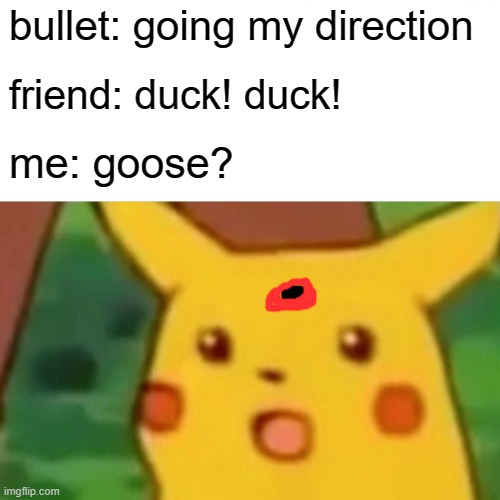 erm | bullet: going my direction; friend: duck! duck! me: goose? | image tagged in memes,surprised pikachu | made w/ Imgflip meme maker