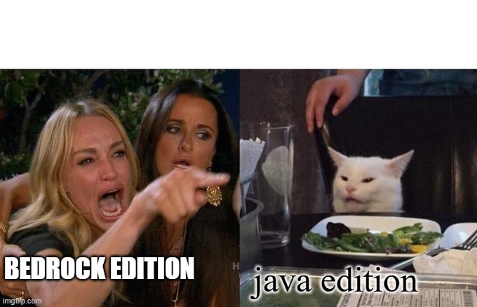 Minecraft | BEDROCK EDITION; java edition | image tagged in memes,woman yelling at cat | made w/ Imgflip meme maker