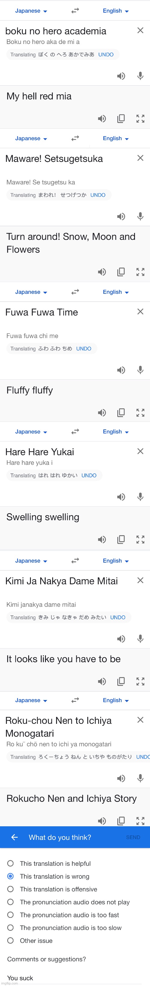 I tried some japanese titles on google translate | image tagged in why,google translate | made w/ Imgflip meme maker