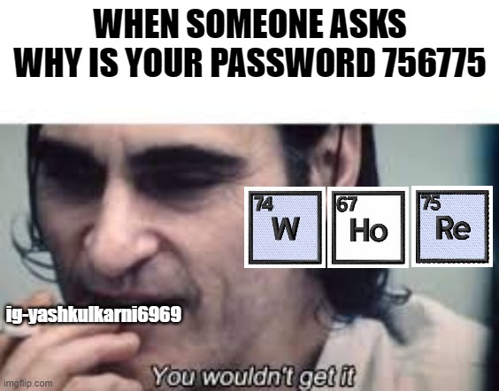my first post... | WHEN SOMEONE ASKS WHY IS YOUR PASSWORD 756775; ig-yashkulkarni6969 | image tagged in you wouldn't get it spacing | made w/ Imgflip meme maker