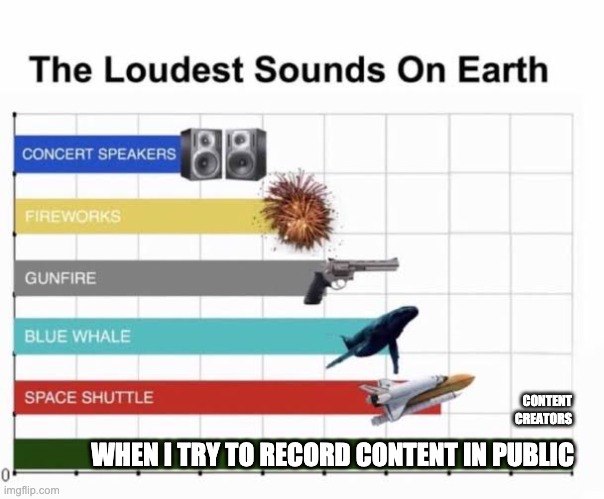 Content Creators Be Like | CONTENT CREATORS; WHEN I TRY TO RECORD CONTENT IN PUBLIC | image tagged in the loudest sounds on earth | made w/ Imgflip meme maker