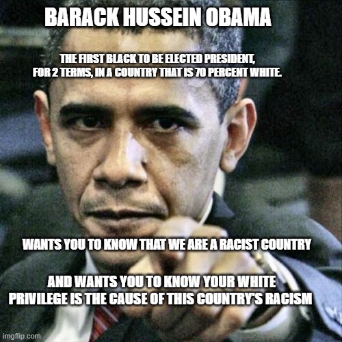 Pissed Off Obama |  BARACK HUSSEIN OBAMA; THE FIRST BLACK TO BE ELECTED PRESIDENT, FOR 2 TERMS, IN A COUNTRY THAT IS 70 PERCENT WHITE. WANTS YOU TO KNOW THAT WE ARE A RACIST COUNTRY; AND WANTS YOU TO KNOW YOUR WHITE PRIVILEGE IS THE CAUSE OF THIS COUNTRY'S RACISM | image tagged in memes,pissed off obama | made w/ Imgflip meme maker