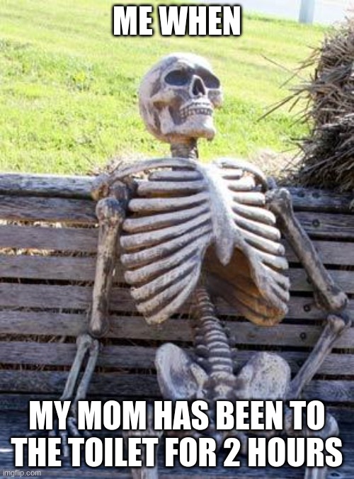 Waiting Skeleton Meme | ME WHEN; MY MOM HAS BEEN TO THE TOILET FOR 2 HOURS | image tagged in memes,waiting skeleton,plz,upvote if you agree | made w/ Imgflip meme maker